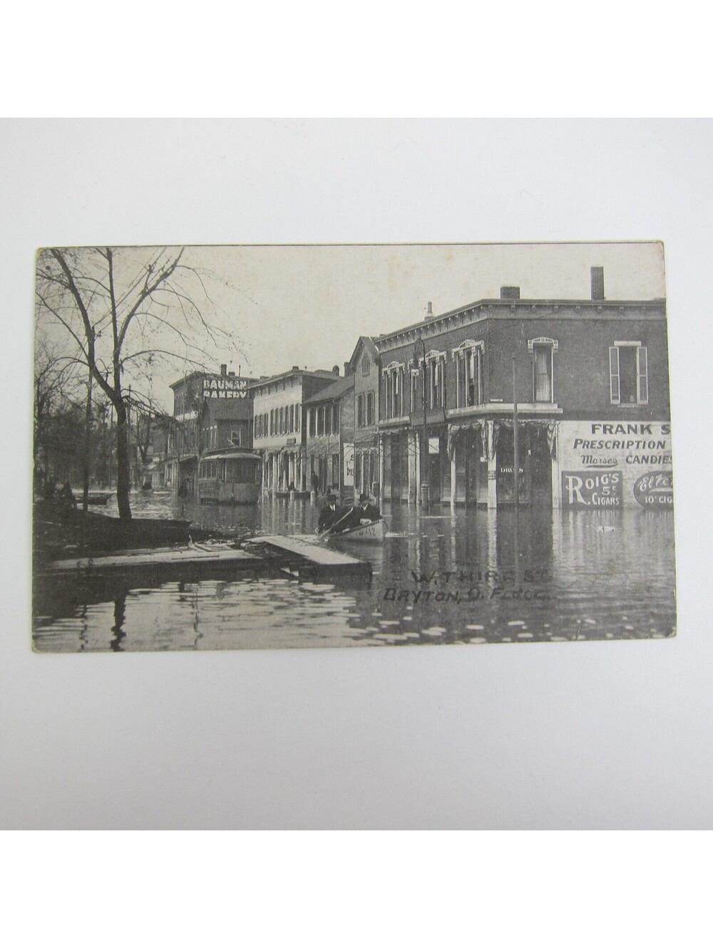 Postcard 1913 Dayton Ohio Flood Photo West Third St Buildings Boat Antique Litho